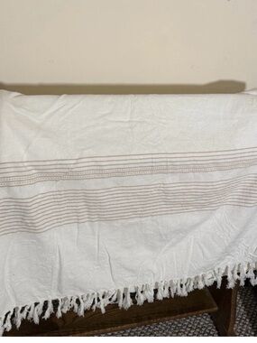 White& Beige Striped 100% Cotton Fringed Boho Shower Curtain, Curtain, Backdrop